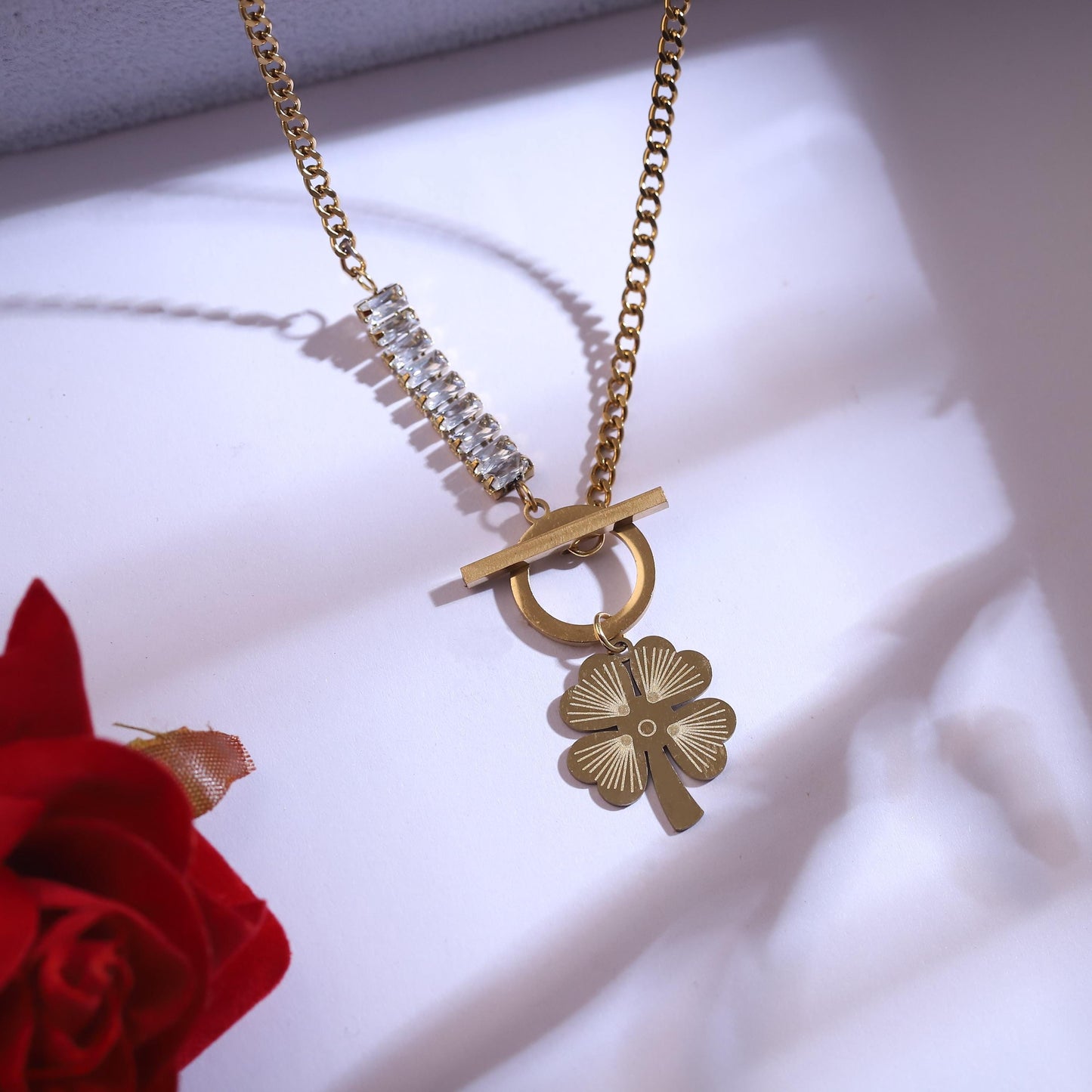 Gold Clover Necklace & Earrings Set: Lucky Flower Jewelry
