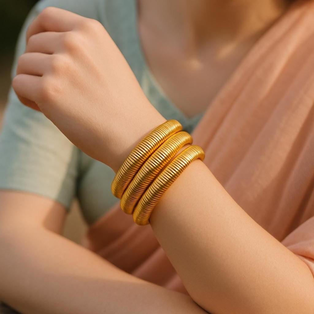 Gold Plated Stainless Steel Stretch Bracelet: Stackable Beaded Design