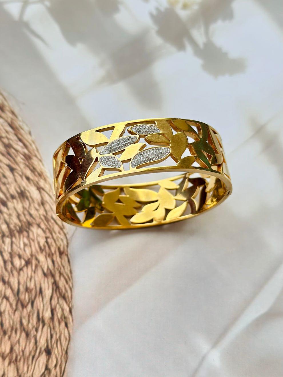 Gold Leaf Cuff Bracelet: Crystal Accent, Adjustable Stainless Steel