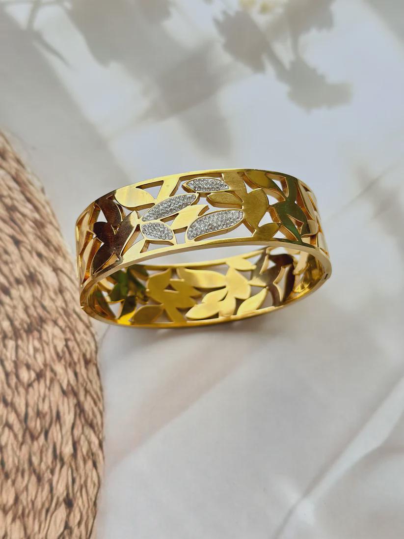 Gold Leaf Cuff Bracelet: Crystal Accent, Adjustable Stainless Steel