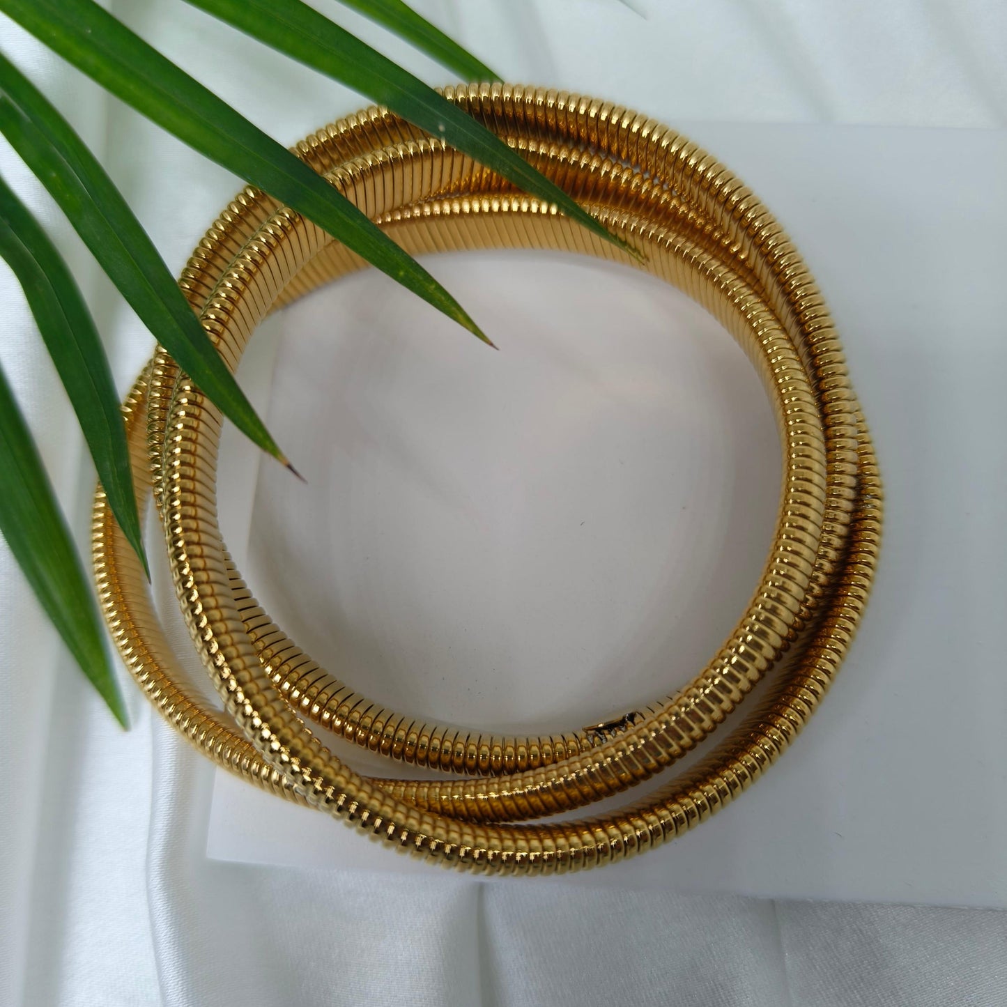Gold Plated Stainless Steel Stretch Bracelet: Stackable Beaded Design