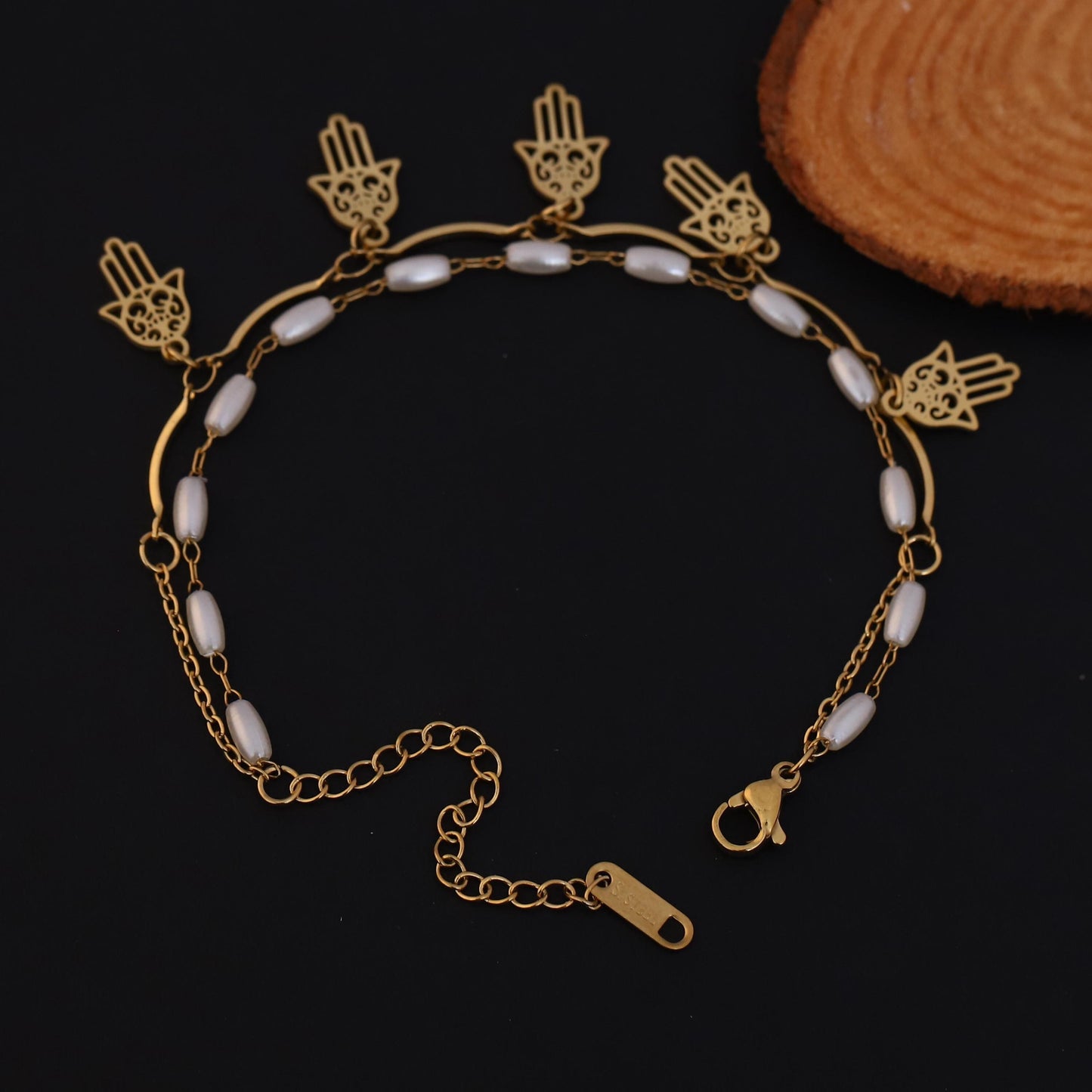 Gold Hamsa Hand Bracelet: Pearl Beaded Cord, Spiritual Protection