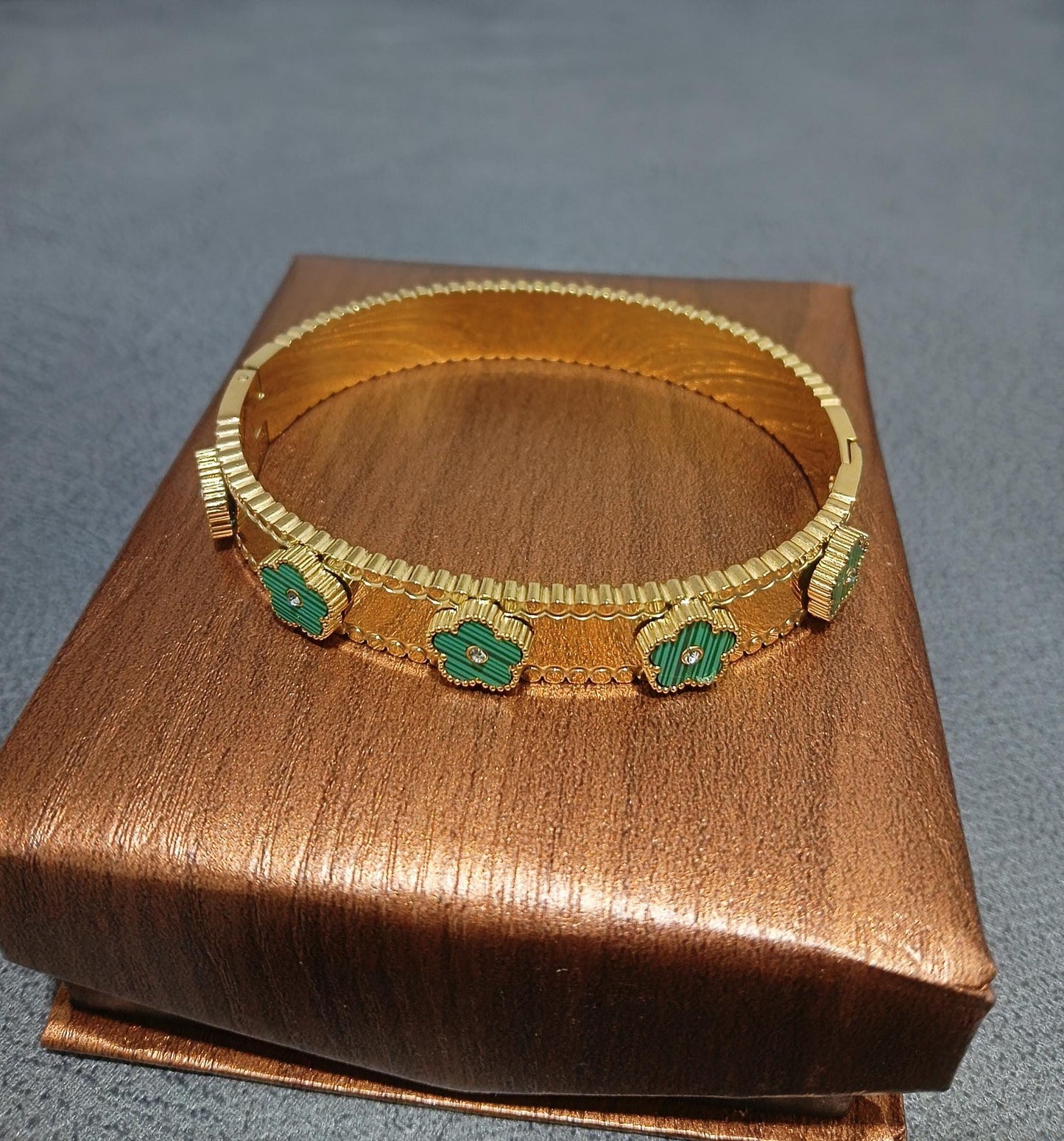 18K Gold Plated Green Clover Bangle Bracelet: Minimalist Stacking Jewelry