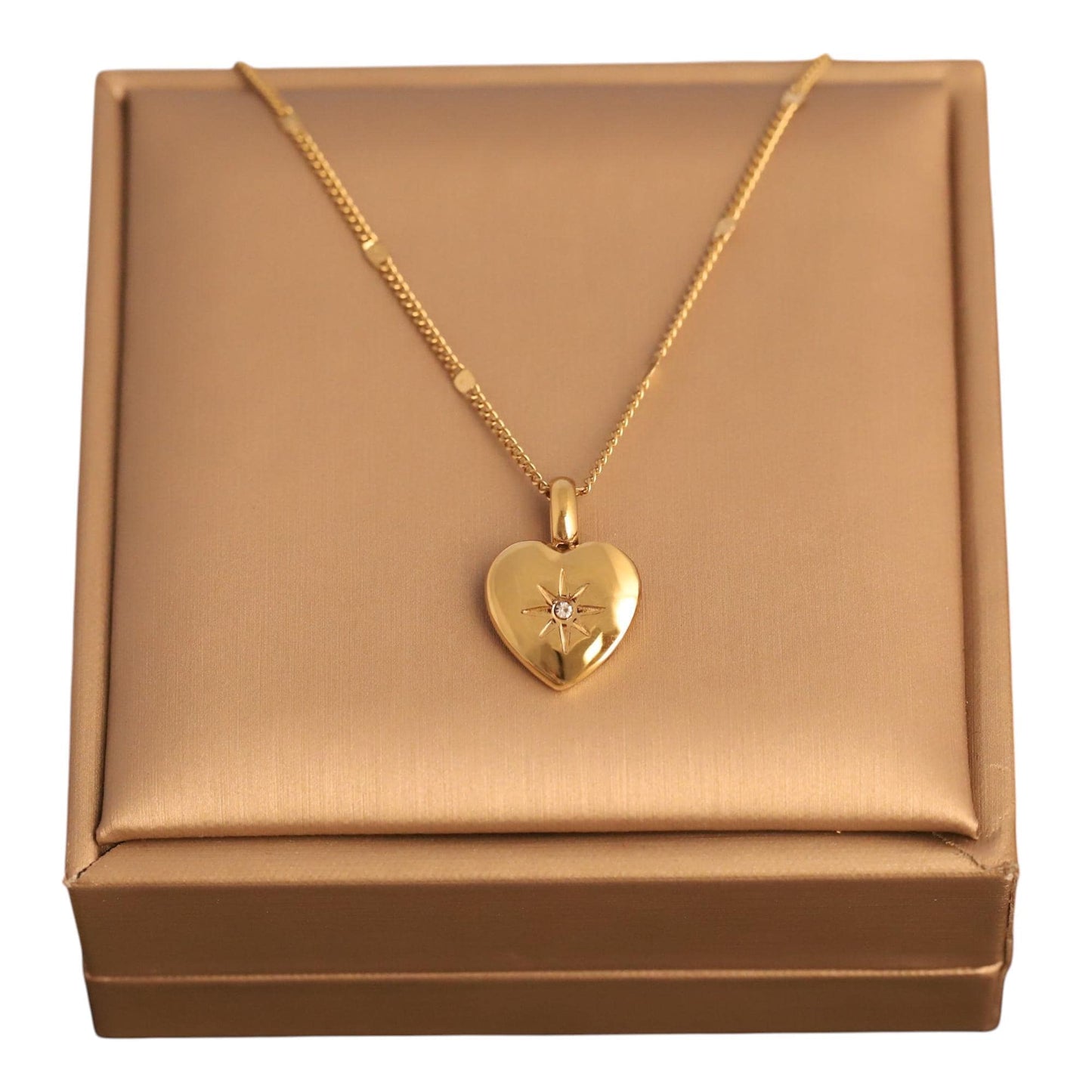 Gold Heart Locket Necklace: Engraved North Star, Waterproof Stainless Steel
