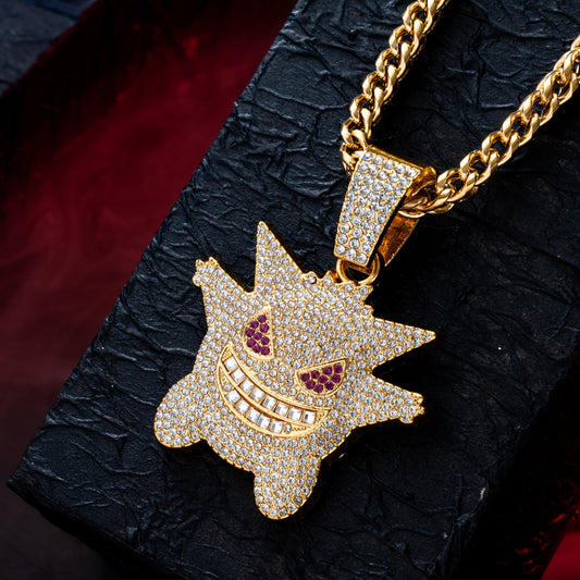 Hip-Hop Iced Out Gengar Pendant With Chain, Pokemon Ghost Pendant, CZ Diamond Hip Hop Necklace, Urban Streetwear Jewelry Halloween Gift