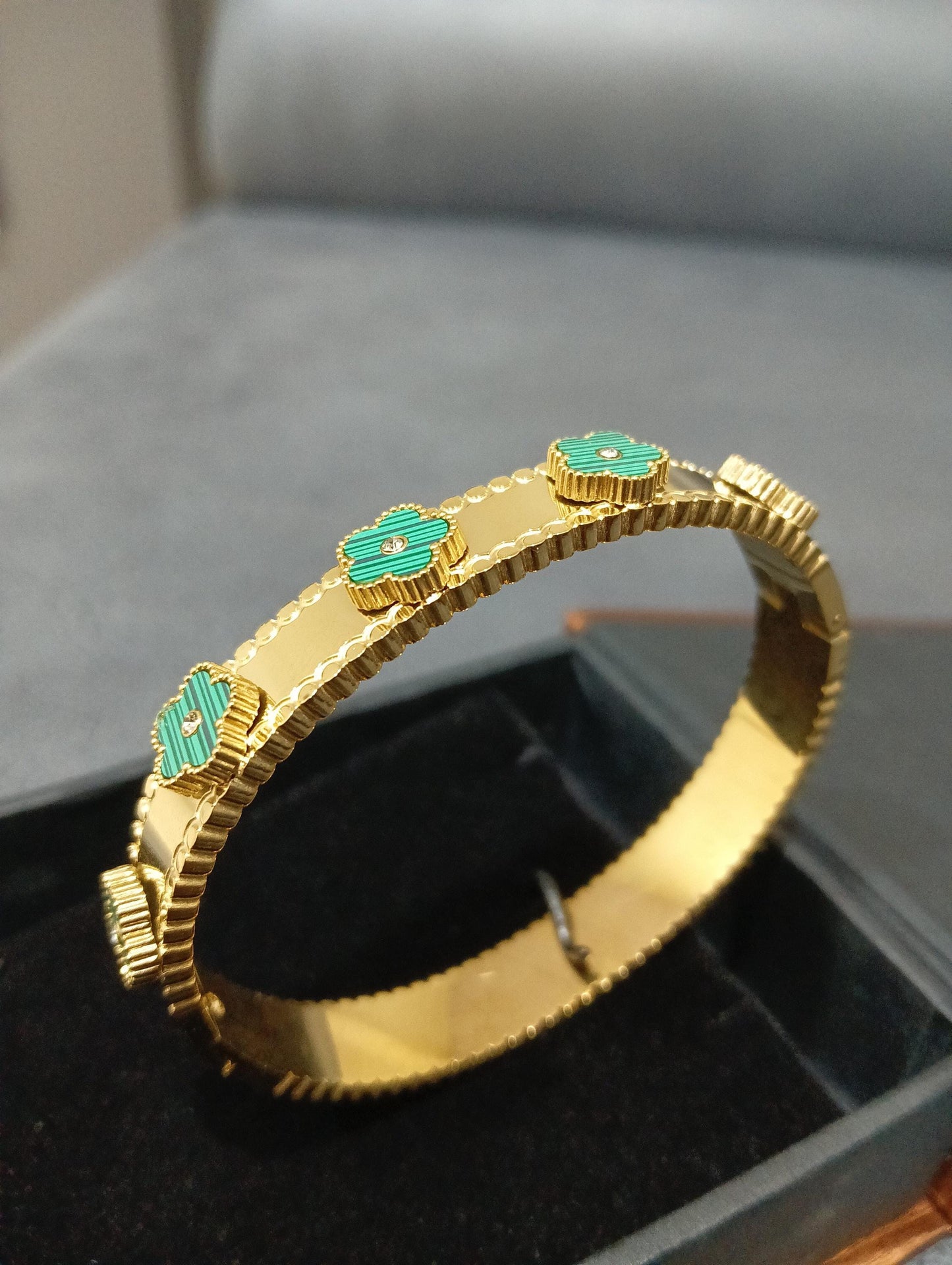 18K Gold Plated Green Clover Bangle Bracelet: Minimalist Stacking Jewelry