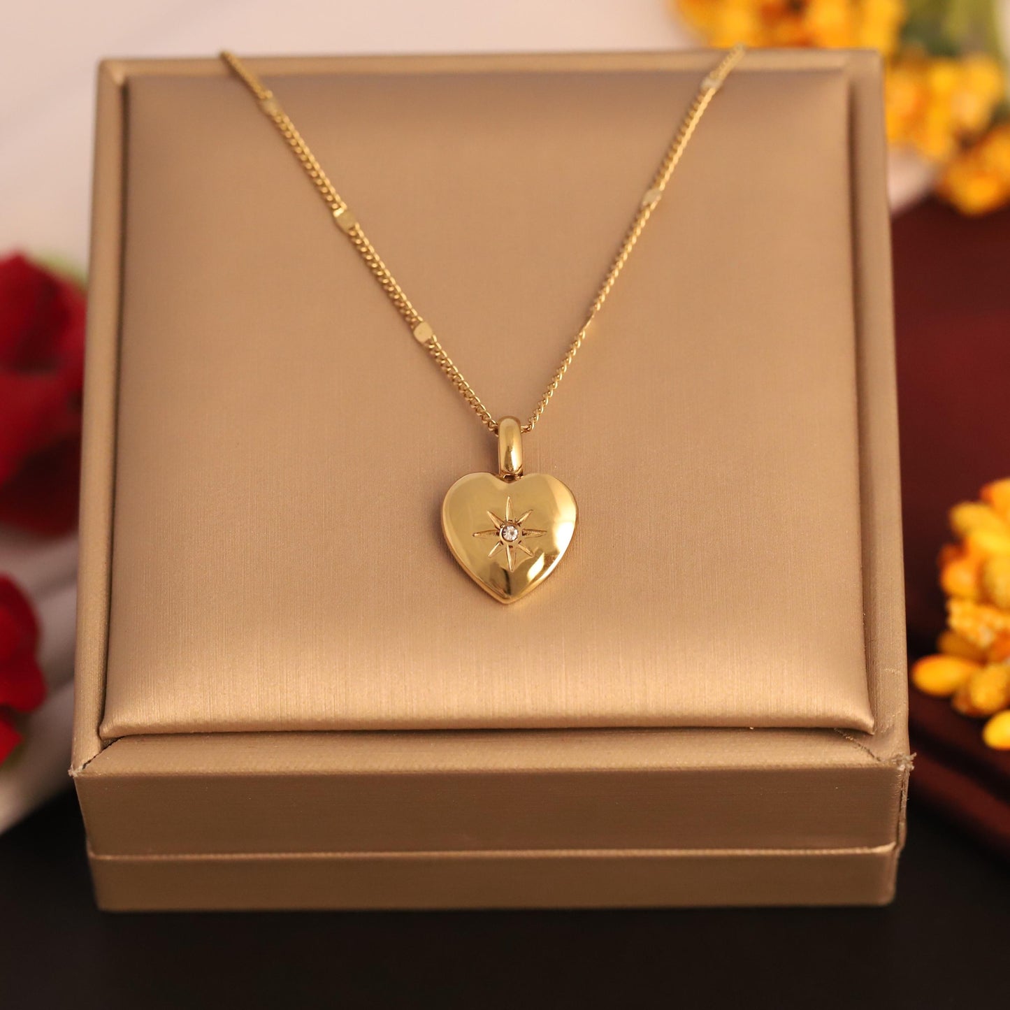 Gold Heart Locket Necklace: Engraved North Star, Waterproof Stainless Steel