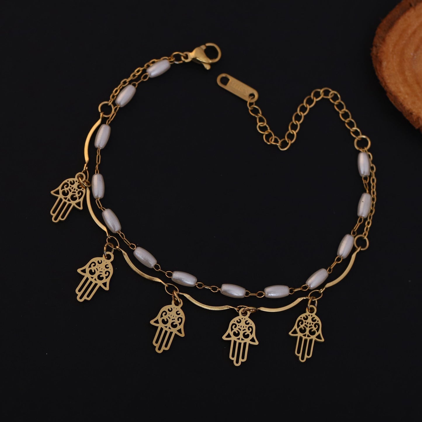 Gold Hamsa Hand Bracelet: Pearl Beaded Cord, Spiritual Protection