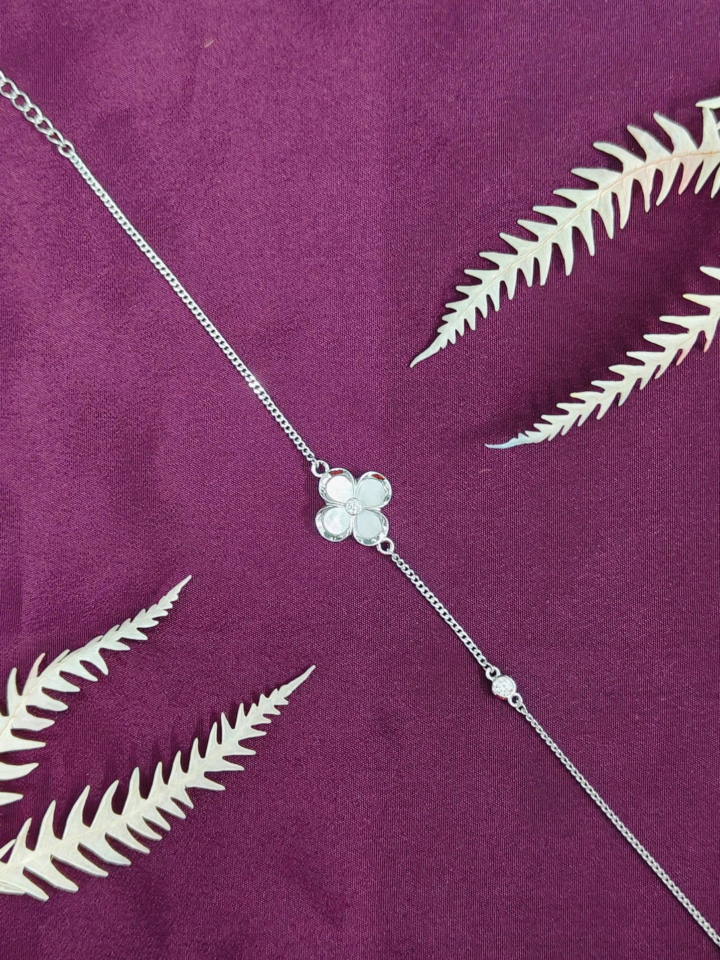 Sterling Silver Clover Bracelet: CZ Diamond, Adjustable Chain