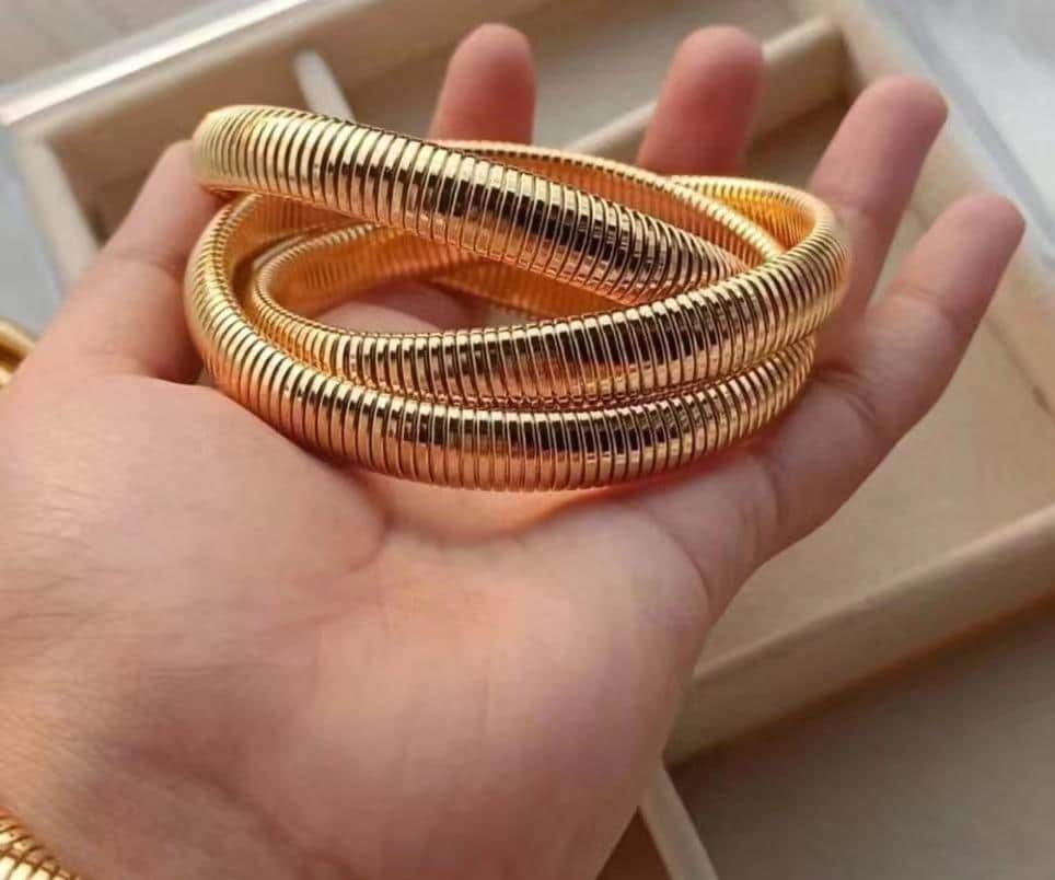 Gold Plated Stainless Steel Stretch Bracelet: Stackable Beaded Design