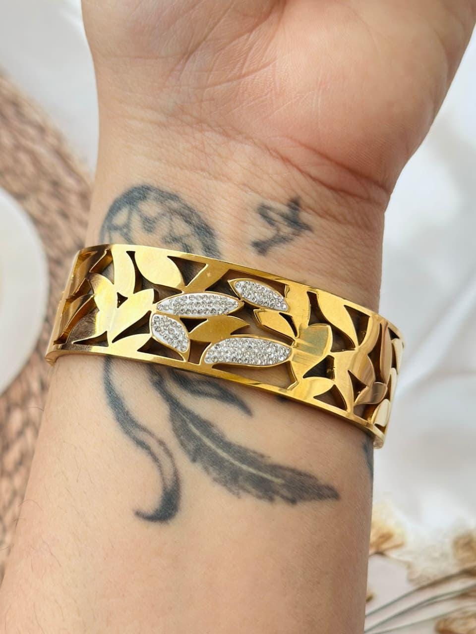 Gold Leaf Cuff Bracelet: Crystal Accent, Adjustable Stainless Steel