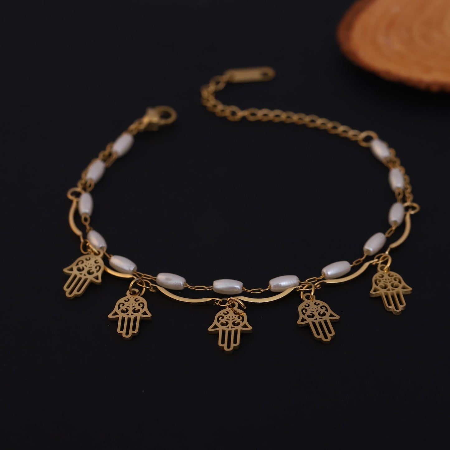 Gold Hamsa Hand Bracelet: Pearl Beaded Cord, Spiritual Protection