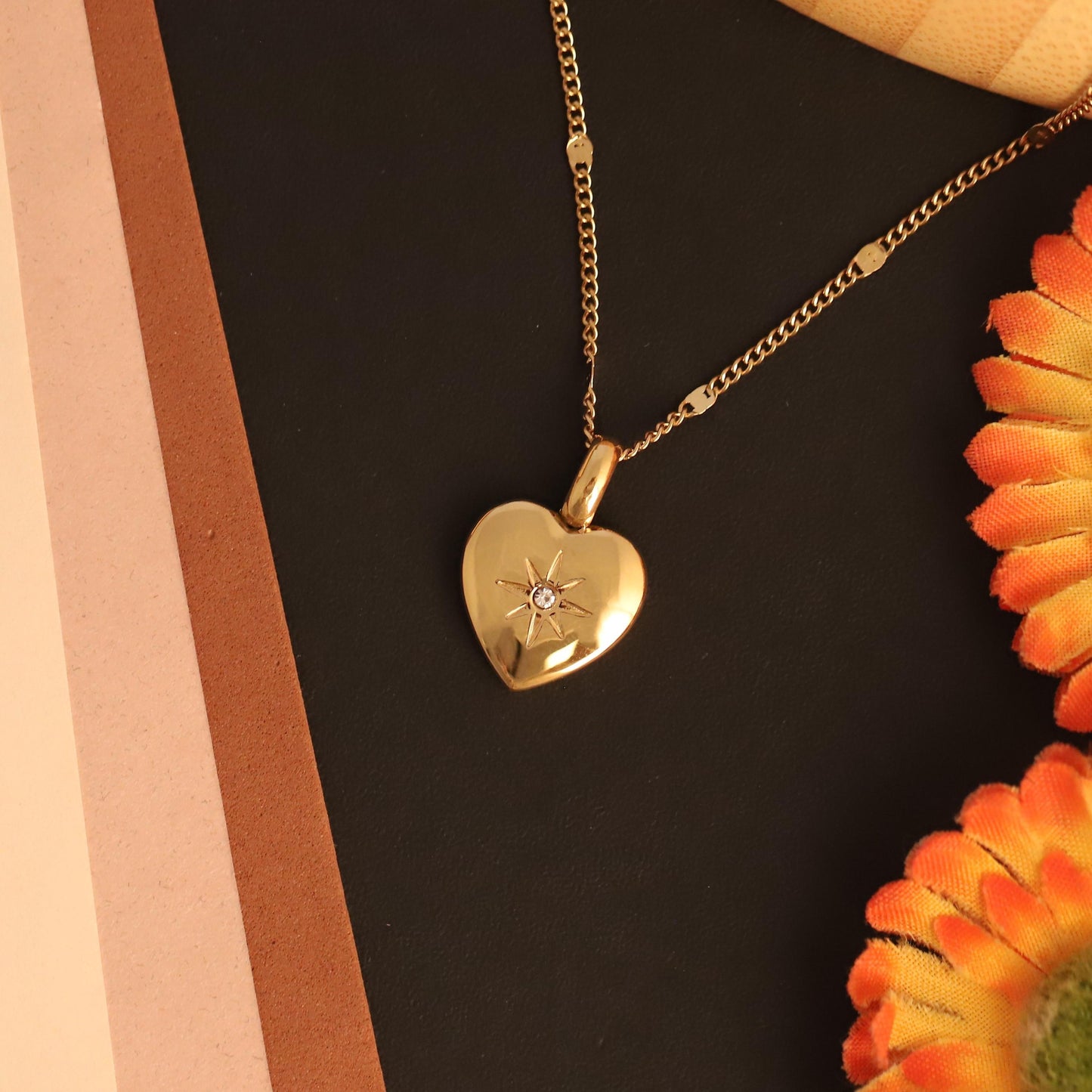 Gold Heart Locket Necklace: Engraved North Star, Waterproof Stainless Steel