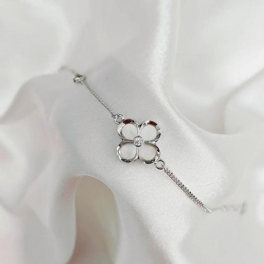 Sterling Silver Clover Bracelet: CZ Diamond, Adjustable Chain