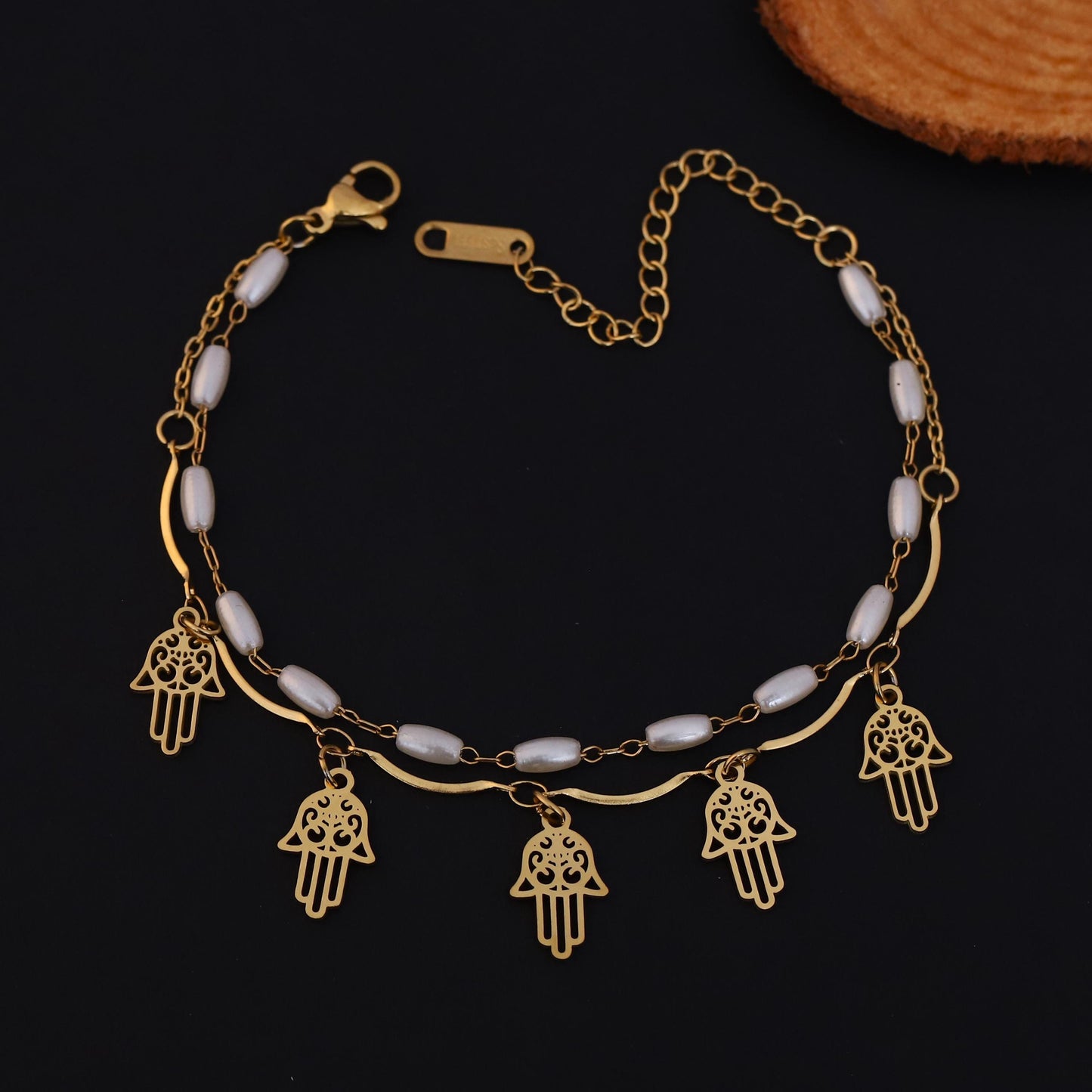 Gold Hamsa Hand Bracelet: Pearl Beaded Cord, Spiritual Protection