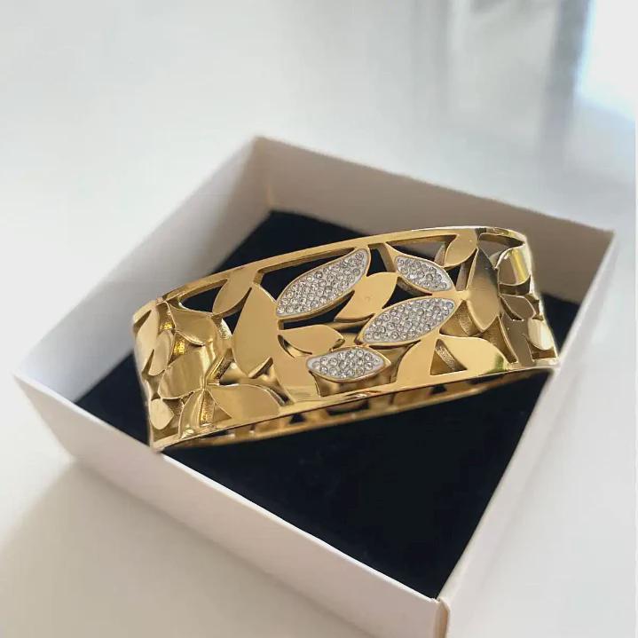 Gold Leaf Cuff Bracelet: Crystal Accent, Adjustable Stainless Steel