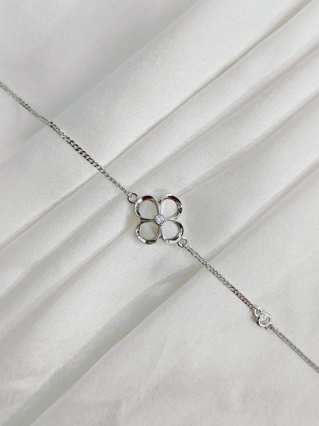 Sterling Silver Clover Bracelet: CZ Diamond, Adjustable Chain