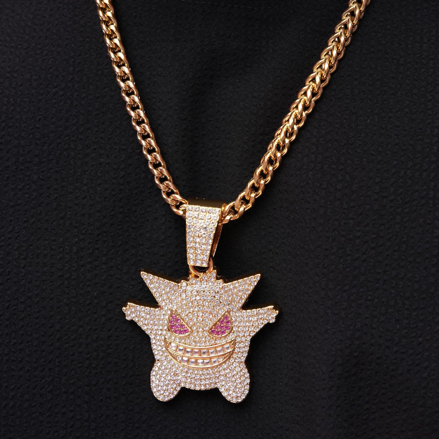Hip-Hop Iced Out Gengar Pendant With Chain, Pokemon Ghost Pendant, CZ Diamond Hip Hop Necklace, Urban Streetwear Jewelry Halloween Gift