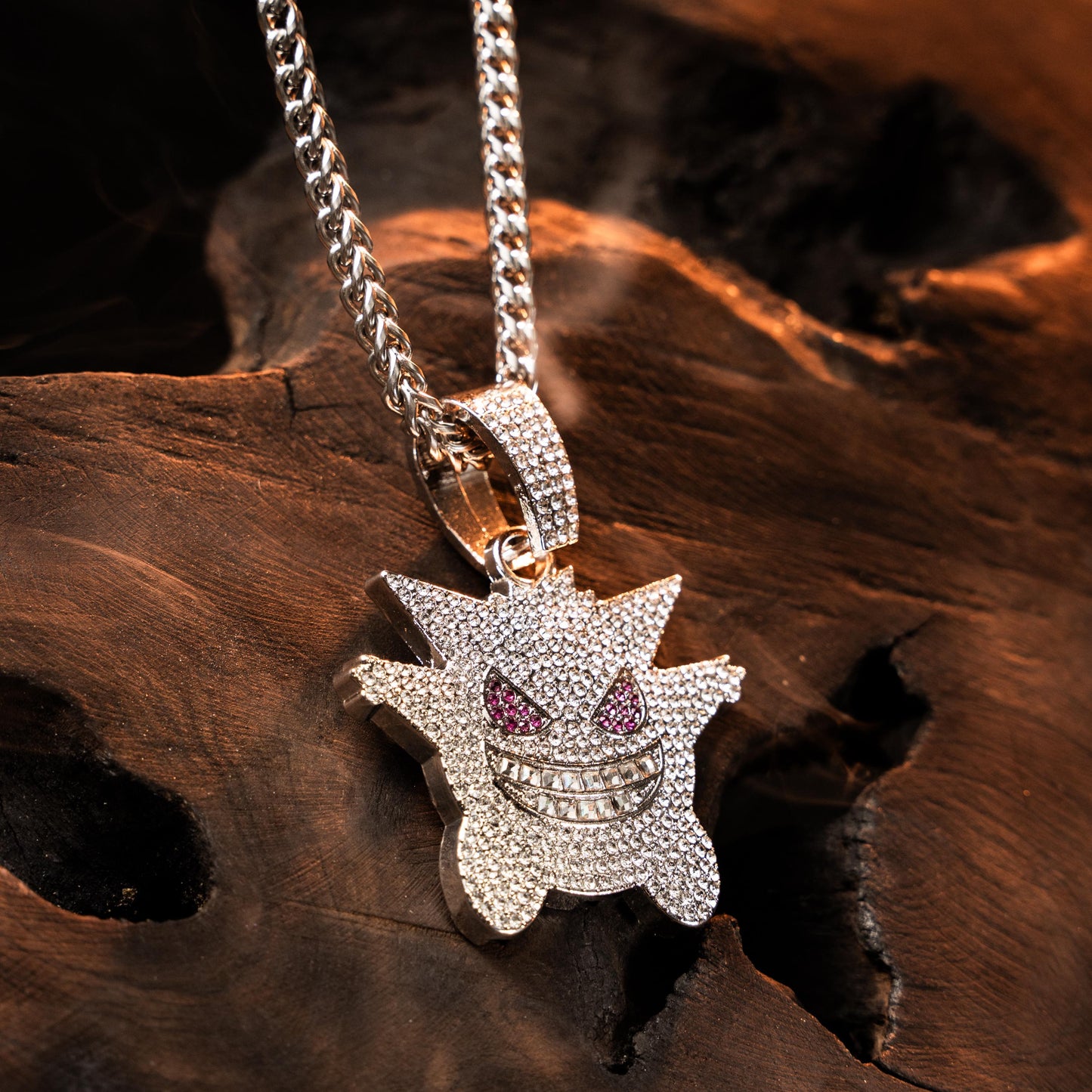 Hip-Hop Iced Out Gengar Pendant With Chain, Pokemon Ghost Pendant, CZ Diamond Hip Hop Necklace, Urban Streetwear Jewelry Halloween Gift