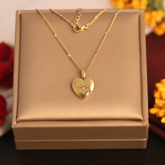 Gold Heart Locket Necklace: Engraved North Star, Waterproof Stainless Steel