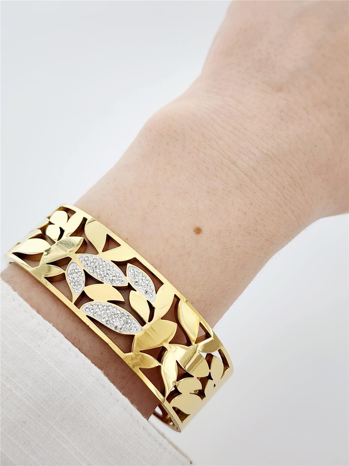 Gold Leaf Cuff Bracelet: Crystal Accent, Adjustable Stainless Steel