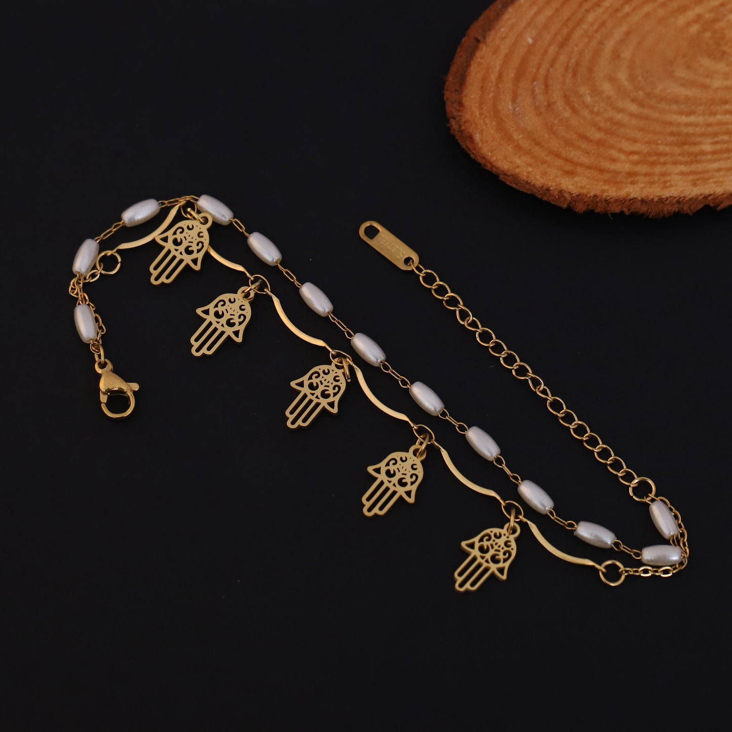 Gold Hamsa Hand Bracelet: Pearl Beaded Cord, Spiritual Protection