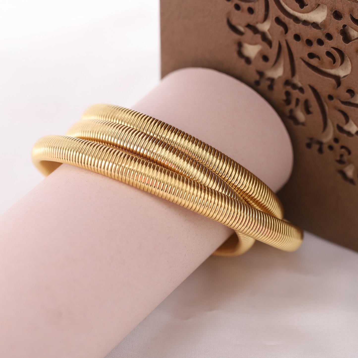 Gold Plated Stainless Steel Stretch Bracelet: Stackable Beaded Design