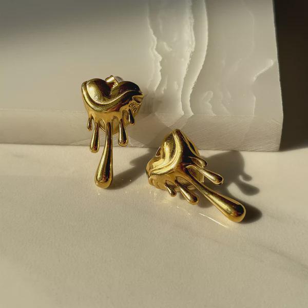 Melting Heart Earrings: Gold Stainless Steel Drip Huggies