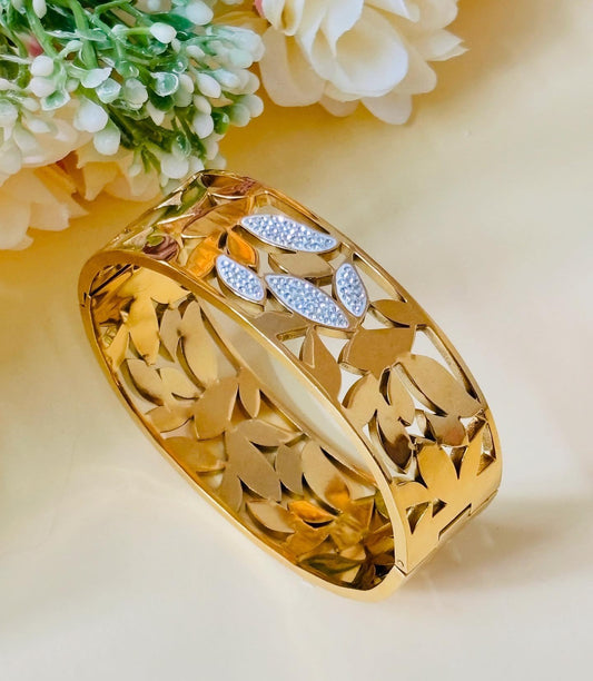 Gold Leaf Cuff Bracelet: Crystal Accent, Adjustable Stainless Steel
