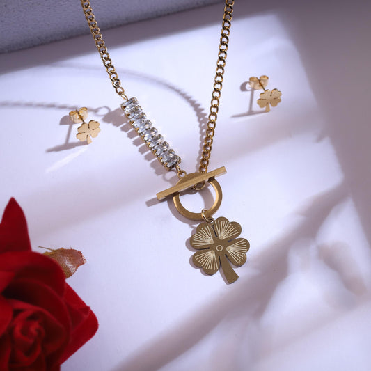 Gold Clover Necklace & Earrings Set: Lucky Flower Jewelry