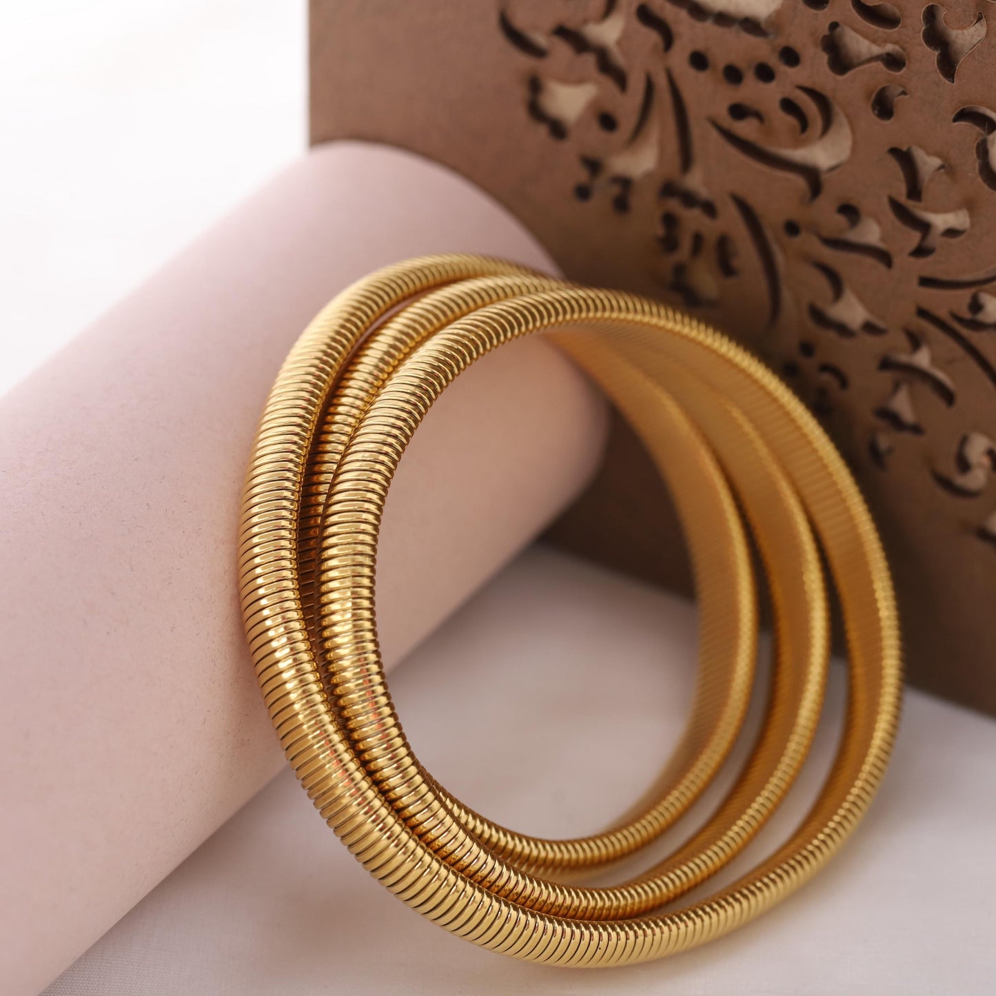 Gold Plated Stainless Steel Stretch Bracelet: Stackable Beaded Design