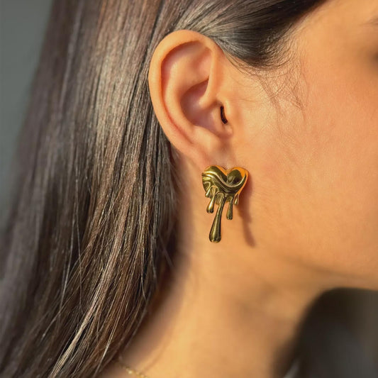 Melting Heart Earrings: Gold Stainless Steel Drip Huggies