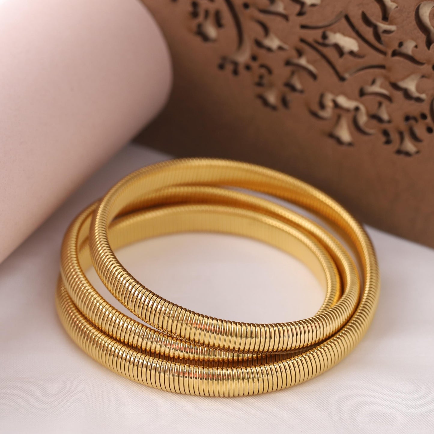 Gold Plated Stainless Steel Stretch Bracelet: Stackable Beaded Design