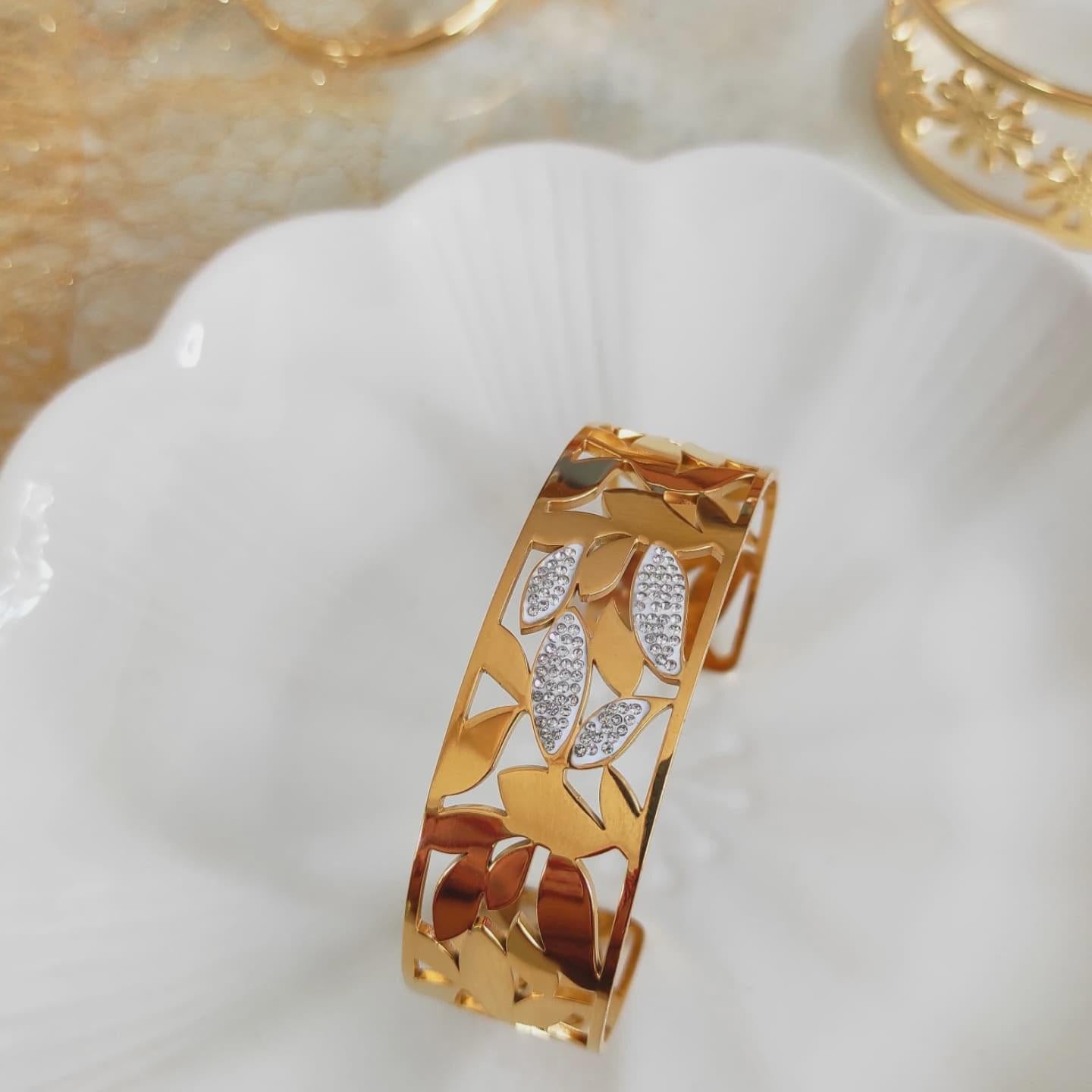 Gold Leaf Cuff Bracelet: Crystal Accent, Adjustable Stainless Steel