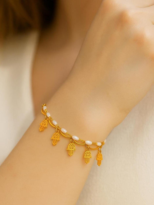 Gold Hamsa Hand Bracelet: Pearl Beaded Cord, Spiritual Protection